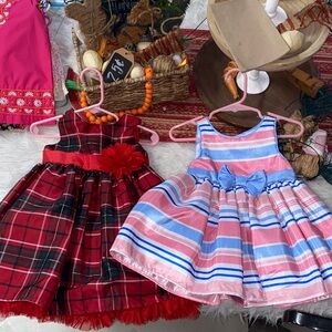 BUNDLE 2 Plaid and Pink Striped Toddler Dresses Red 18 month and other 12